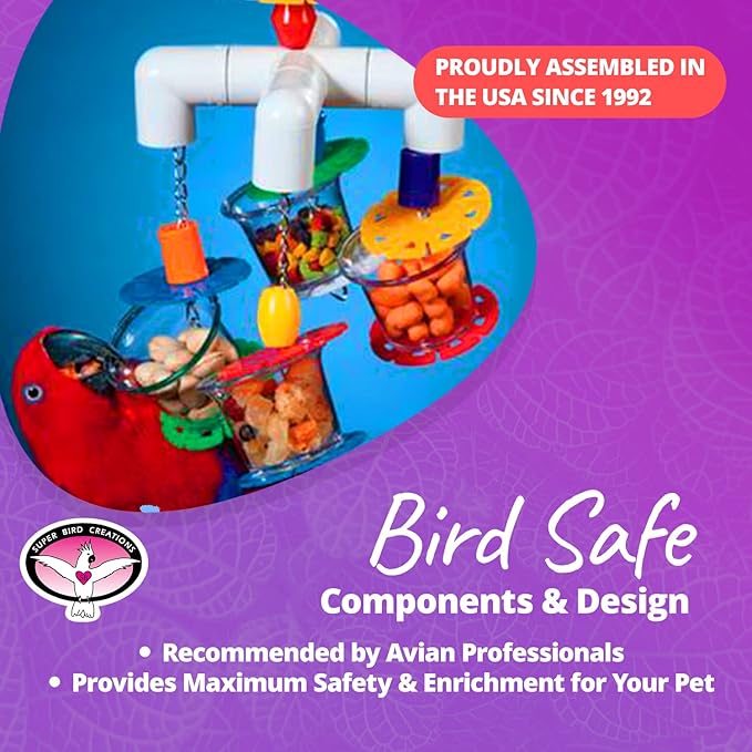 Super Bird Creations SB634 4 Way Forager Bird Toy with Clear Acrylic Cups, Medium to Large Bird Size, 12” x 7” x 7”