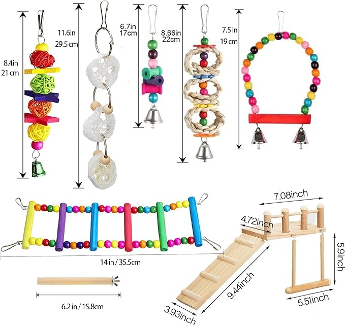 FrgKbTm Wooden Parrot Bird Perch Platform with Climbing Ladder,Parrot Play Stand Bird Swing Bridge Chewing Toys for Parakeet Cockatiel Conure Lovebirds (Bird Swing Set 2)