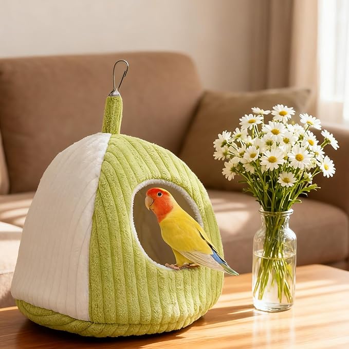 Bird Hanging Hammock Nest Parrot with Soft Plush Hanging Hammock & Hut Tent for Cage Winter Bird Hideaway Hut for Cockatiels Budgies Parakeets Lovebirds Conures Hamsters (Green and White S)