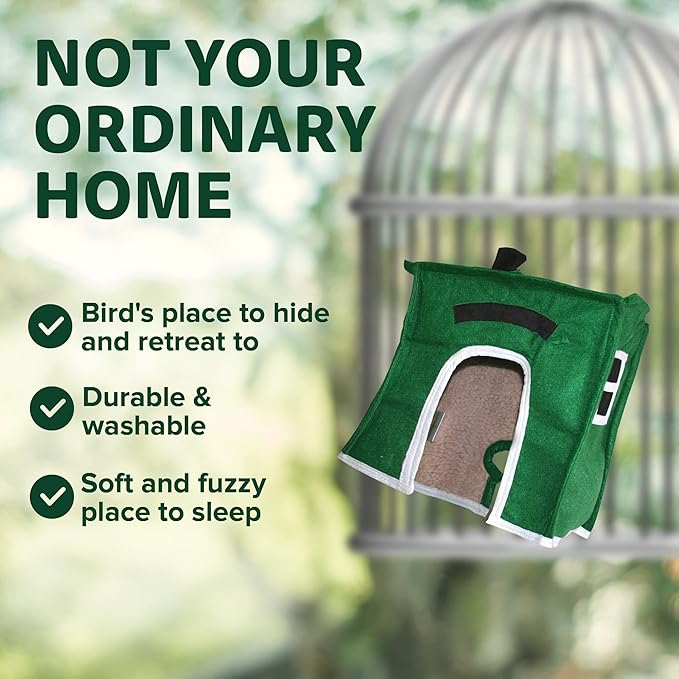 Crazy K Farm - Avian Haven Bird Hut, Comfy Bird Snuggle Hut, Plush Pet Bird Hut for Sleeping and Snuggling, Hanging Bird Cage Hut with Sherpa, Cozy Bird Cage Accessories Small, Green