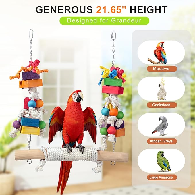 4lb Heavy Duty Bird Toys for Large Parrots - 21.6" Giant Refillable Parrot Toy Swing for Macaws & Cockatoos, Large Natural Wooden Block Chew & Shredding Toy,Beak Health