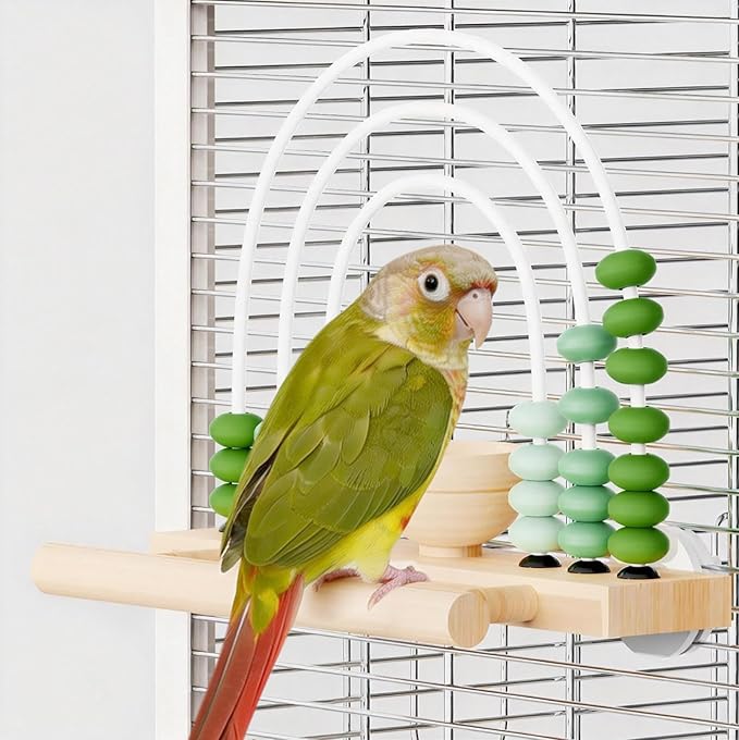 Natural Wooden Bird Toy Interactive Foraging Toy with Removable Treat Box Abacus Beads Puzzle Toy Cage Accessories for Cockatiel Budgie and Small to Medium Parrots (Gradient Green)