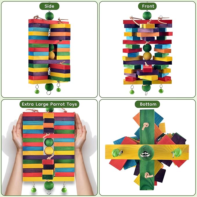 ERKOON Extra Large Bird Parrot Toys for Macaws, African Grey, Amazon Parrots Multicolored Natural Wooden Blocks Parrot Chewing Toy Bird Cage Bite Toy