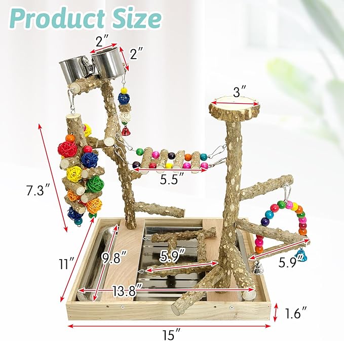PINVNBY Bird Playground Natural Wood Parrot Perch Stand Bird Play Gym Colorful Ladder Swing Chewing Toys with Metal Tray and 2 Stainless Steel Cups Cage Accessories for Conure Cockatiel Parakeet