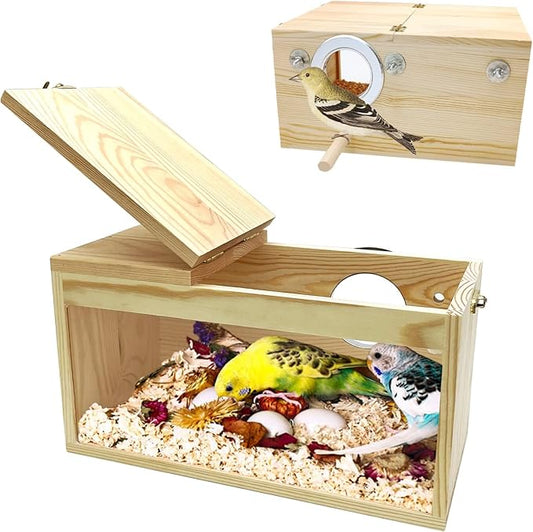 PINVNBY Large Natural Wood Parakeet Nesting Box Budgie Breeding Box Acrylic Bird Nest for Cage Transparent Panoramic for Birds, Parrots, Cockatiels, Lovebirds, Canaries (XL: 13.3 x 7.8 x 7.08 inch)