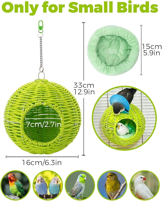 Chewproof Steel Frame Bird Nest for Cage, Washable Small Bird Bed Hammock Hideout Lay Eggs Parakeet Nest Sleep, Parakeet Warm Bed House Hut for Lovebird, Canary, Budgie, Finch (Green)