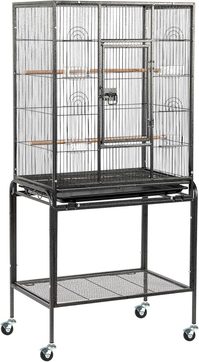 VINGLI 53-inch Bird Cage with Wheels, Durable Wrought Iron Parakeet Cage with Slide Out Tray, Black Bird Cages for Parakeets/Lovebird/Cockatiels/Budgies and Other Small/Medium Birds (Black, 53 inch)