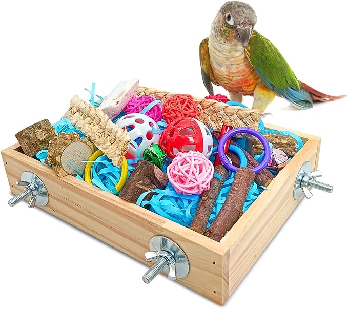 BNOSDM Bird Foraging Toys Box Colorful Parrot Foraging and Shredding Toy Boxes Natural Bird Toy Wooden Birds Chewing Toys for Parakeet, Conure, Cockatiel, Budgies, Lovebirds (Small)