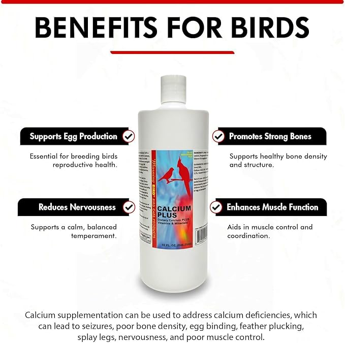 Morning Bird Calcium Plus Liquid for Birds – Calcium Supplement with Vitamins and Minerals for Strong Eggshells, Healthy Bones - Support Growth, Breeding, and Wellness for All Birds 32 Fl Oz