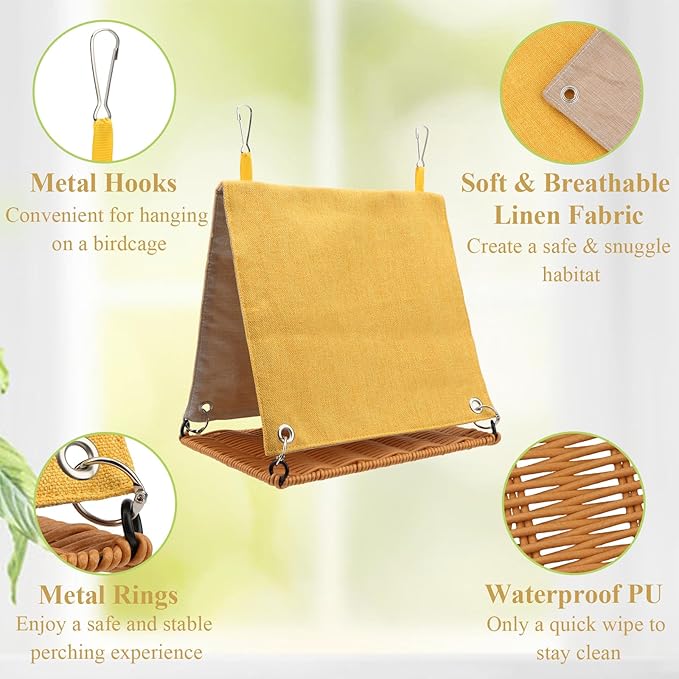 Hypeety Bird Nest Parakeet Tent for Cage Cozy Warm Bird Bed Hut Hideaway with Hanging Hook Washable Bird Cage Accessories Soft Snuggle Nest for Cockatiel Lovebird Conure Budgie Habitat (Yellow, L)
