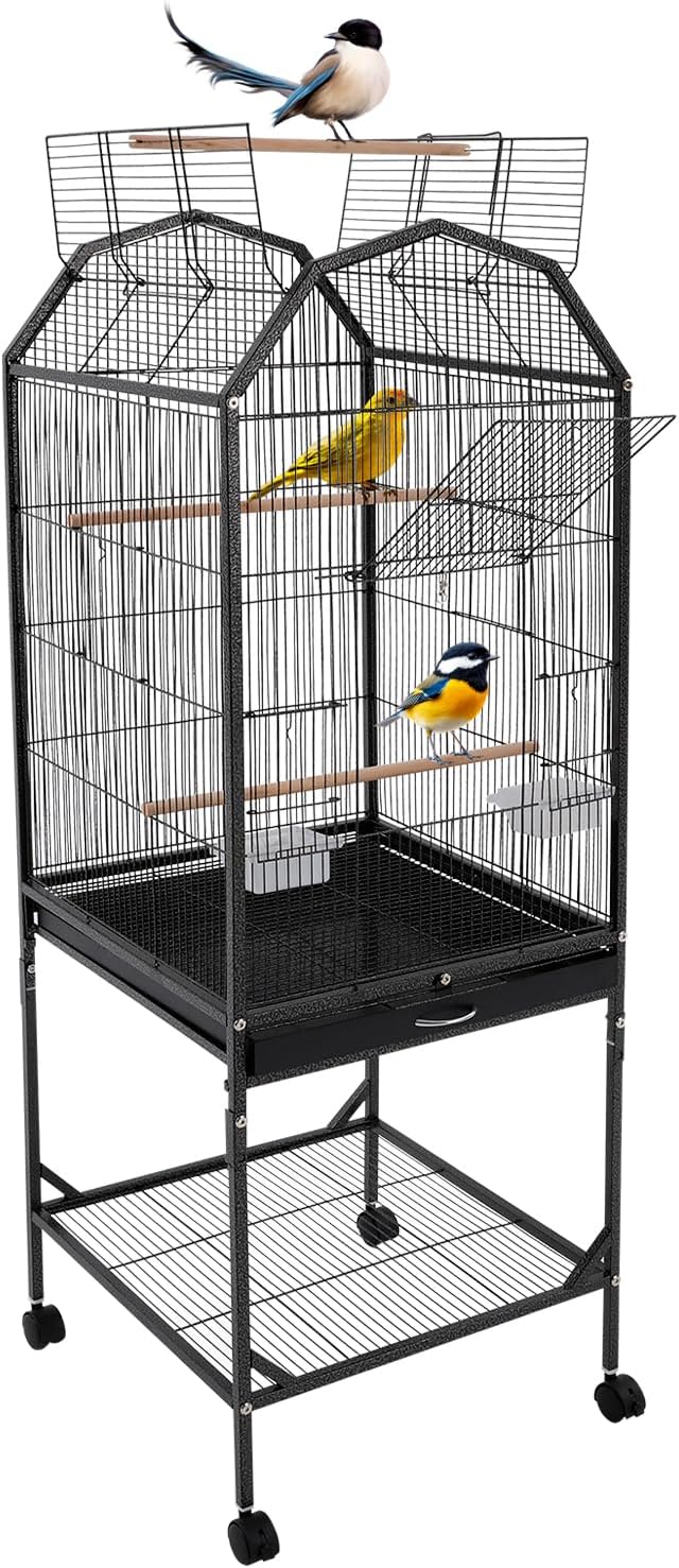 Large Bird Cage, Movable Pet Bird Flight Cages with Wheels Openable Roof Slide-Out Tray, Panorama Bird Aviary 18.11 * 18.11 * 53.54in for Parrots Sparrows Budgerigars(Black Style2)