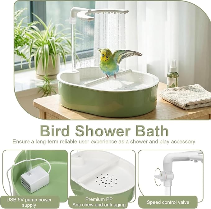 Automatic Birds Shower, Bird Accessories, Birds Bath Tub with Circulating Water Faucet, Bird Shower Fountain, Indoor Fountain with USB Pump for Small to Medium Pet Birds
