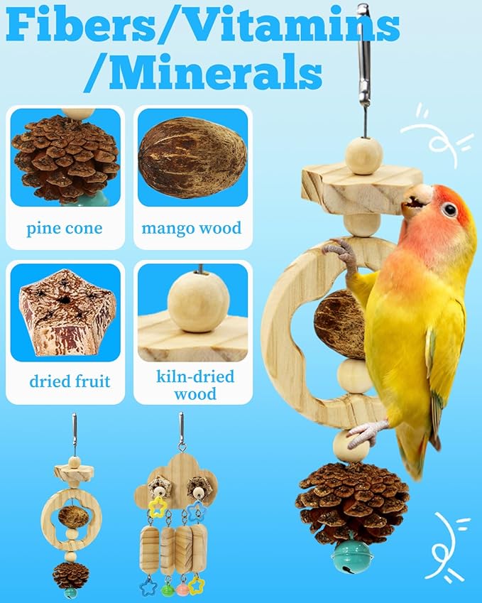 2 Pack All Natural Bird Chew Toys, Sun Conure Beak Grinding Toys, Parakeet Toys with Bells for Cage Small Medium Bird, Chewing Parrot Toys for Quaker, Budige and Cockatiel
