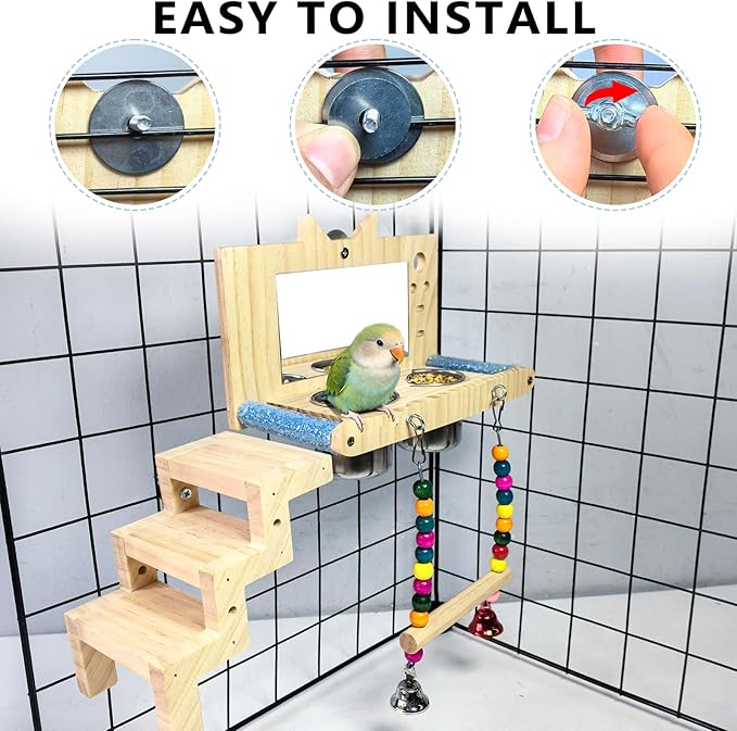 kathson Bird Perches Cage Toys with Bird Climbing Ladder Swing Mirror,Wooden Parrot Perches Platform with Feeding Cups,Parakeet Play Gyms Exercise Stands Cage Accessories for Lovebird,Budgie,Cockatiel