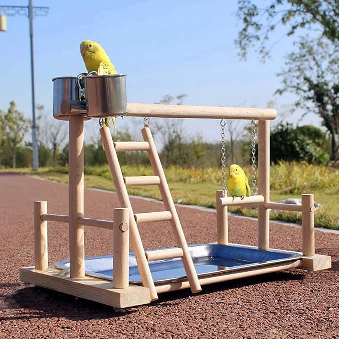 Perch Bird Play Stand Wood Playground with Feeder Cups, Hanging Swing, Ladders Small Animals Gym Tabletop Toys Exercise Play_AB