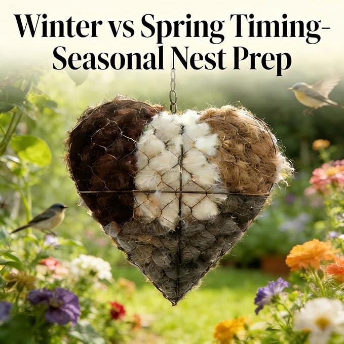 Handmade Alpaca Fiber Bird Nesting Heart, Refillable Birds Nests Material Holders for Outside,Heart Shape Design, Winter Fowl Gifts Animal Hummingbirds Lovers Home Garden Yard(2 Set)