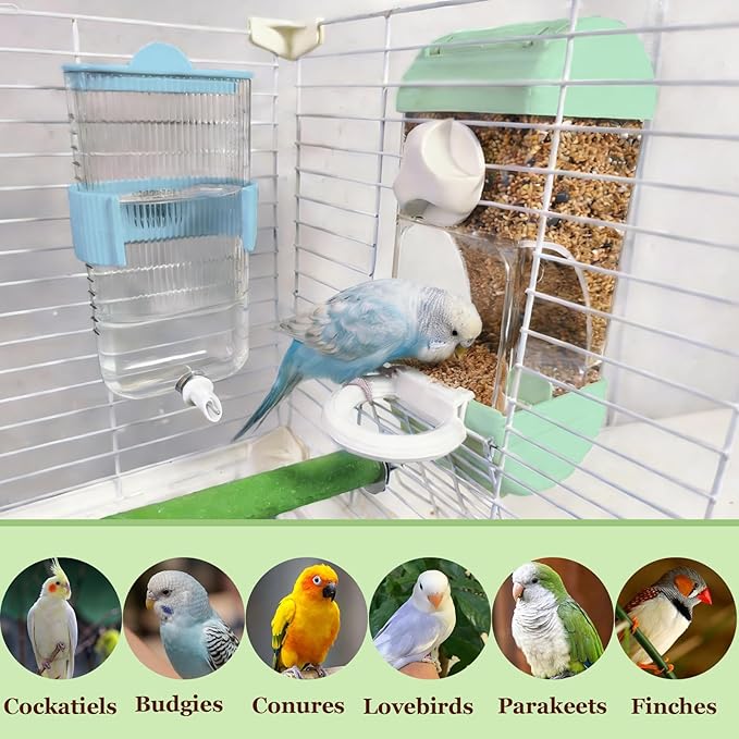 Automatic Bird Feeder Waterer Kit Bird Cage Hanging Waterer Parakeet Leak-Proof Feeder Parrot Vegetable Clips Cage Accessories for Budgies Lovebirds Finches Canaries Parrotlets Conures (Green)