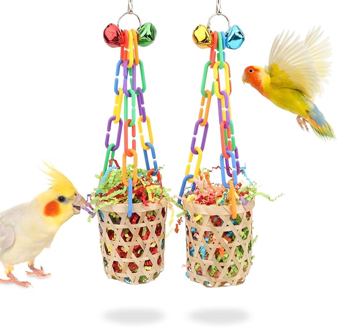 Wontee Bird Colorful Shredding Crinkles Foraging Toys Natural Sola Ball for Parrots Cockatiels Conures Budgies Senegal (Bamboo Basket (2 Pack))