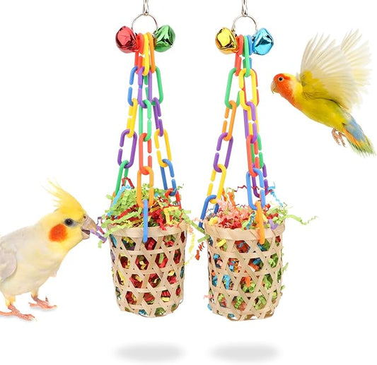 Wontee Bird Colorful Shredding Crinkles Foraging Toys Natural Sola Ball for Parrots Cockatiels Conures Budgies Senegal (Bamboo Basket (2 Pack))