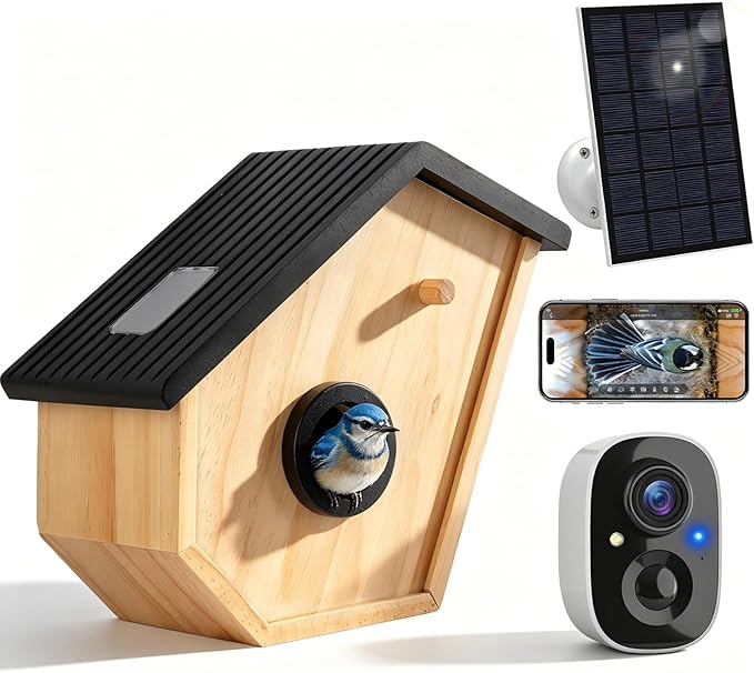 Bird House with Camera Solar Powered,2K HD Bluebird House with Camera Inside Solar Powered,Watch Nesting in Real Time,2.4G WiFi,Night Vision,Motion Detection&App Notification,Gift for Bird Lovers