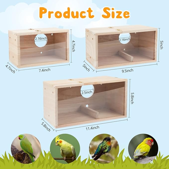 Rypet Parakeet Nesting Box Transparent Design, Thwartwise Bird Nest Breeding Box with Perch Wood Bird Cage House for Cockatiel Lovebirds Budgie Finch Parrotlets Canary L
