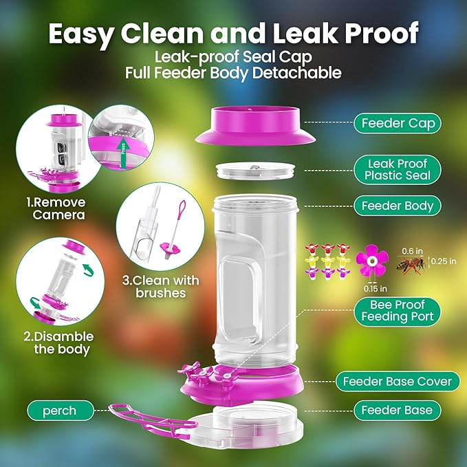 Soliom Hummingbird Feeder with Camera, Smart Feeder Camera with 2K Live View AI Identify, Leak Proof&Ant Moat&Bee Proof, Outdoor Pole/Hook Hanging, Ideal Gift for Family, 16 OZ with Solar Panel Pink