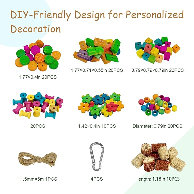 Parrot Toys Set,120 Pcs DIY Colorful Wooden Blocks & Corn Cob, Chew Training Enrichment Bird Toys for Large Cockatoos, Macaws, African Grey and Small Medium Parrots