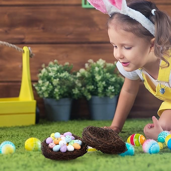 PETKNOWS Easter Artificial Bird Nest with Eggs for Crafts, 12Pcs Mixed Size Artificial Rattan Birds Nest with 26Pcs Foam Easter Eggs Small Faux Bird Nest Decor for Spring Garden Yard Home Tree Decor
