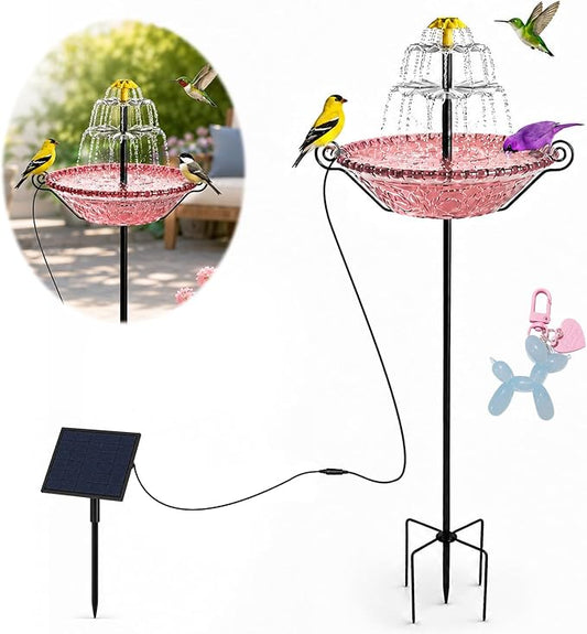 Bird Bath for Outside with Solar Fountain, Plastic Bowl on Metal Stake and Ground Stand, Freestanding Garden Accent for Yard and Patio (Pink(XL))