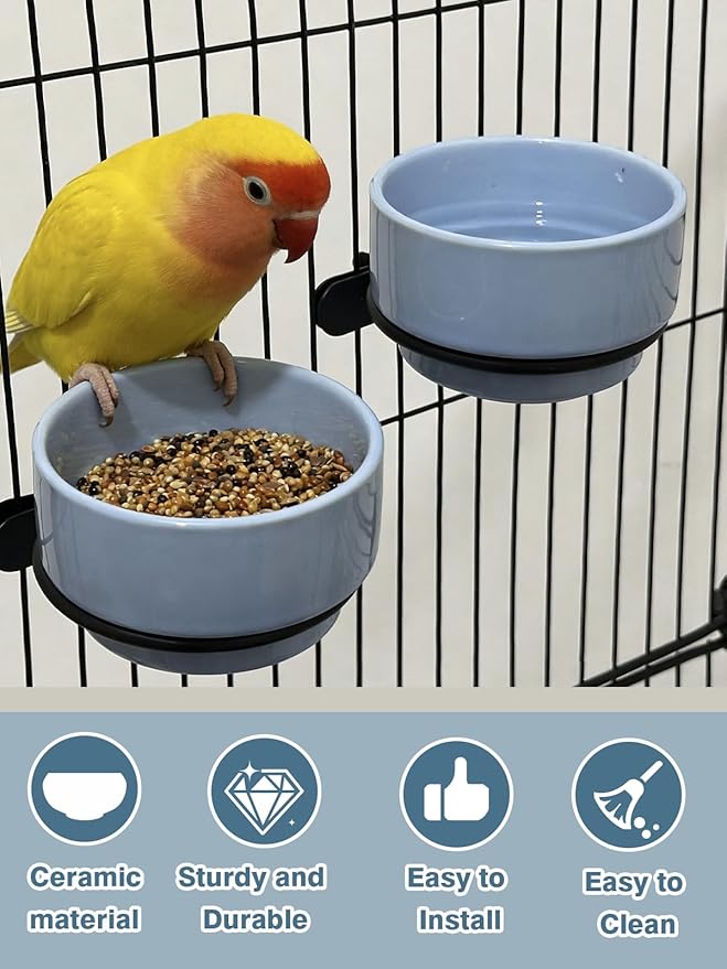 2 Pcs Bird Food Bowl Ceramic Bowls for Birds Small Parakeet Food Bowl Parrot Feeding Cups, Bird Cage Feeder for Parakeets Conure Cockatiels Lovebird Budgie (Blue)