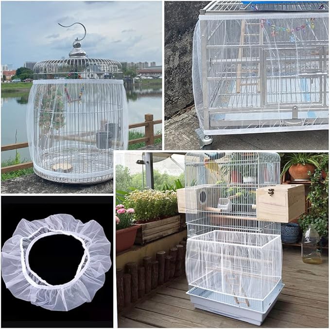 Soft Airy Bird Cage Net Cover, Bird Cage Seed Catcher, Skirt Guard Gauze Birdcage Mesh Netting for Round Square Cages, Reuseable (White, L)