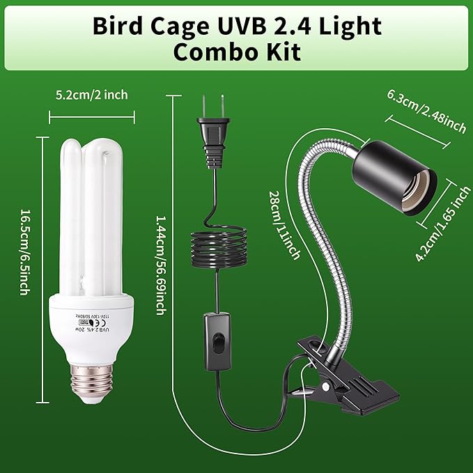 Bird Cage UVB Light Combo Kit, Avian Sun Lamp 2.4% UVB UVA 20W Compact Fluorescent Bulb for All Kinds Captive Birds, 2 Bulbs Included