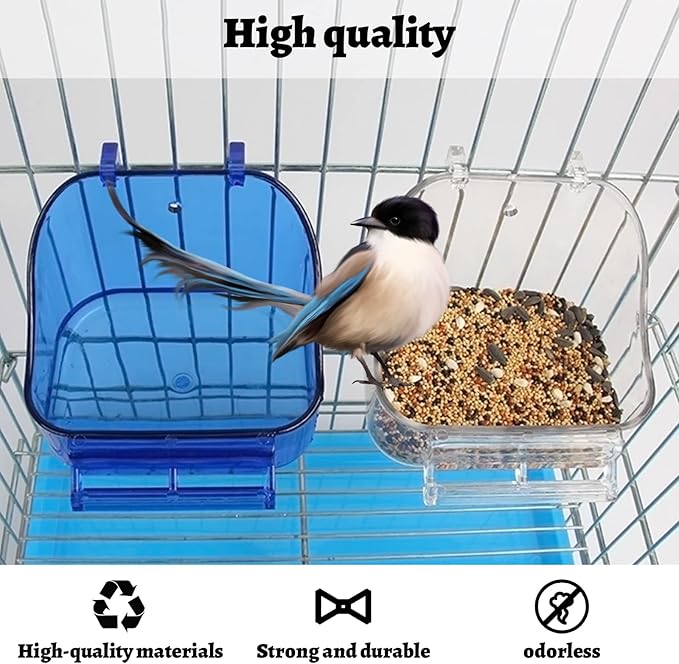 Bird Bath for Cage- Multi-Functional Bird Bath Tub Hanging Parrot Bathtub Shower Box Food Feeder Cage Accessory for Small Birds Canary Budgies Parrots Cockatiel Lovebird Hamster (Blue)