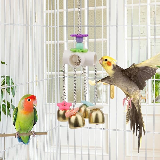 Hypeety Bird Bells Toy Hanging Cage Bell with Sweet Sound Colorful Wood Beads Bells for Lovebirds African Greys Cockatoo Macaw Parakeet Cage Hanging Perch Toy (Bell Toy-4 Bells)