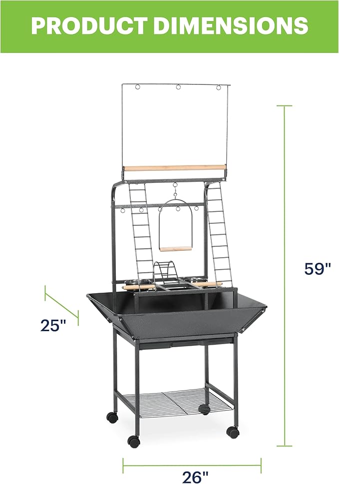 Prevue Pet Products Small Parrot Playstand with Wheels, Bird Stand Activity Play Center with Perches and Ladders, Indoor Outdoor Playground for Birds with Swing, Black Hammertone Finish