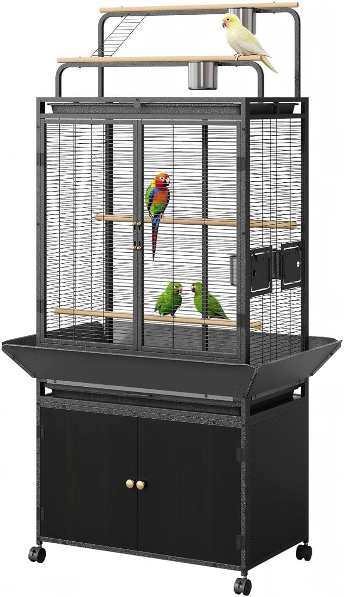 GarveeLife Large Bird Cage, Parakeet Cage with Play Top & Storage Cabinet, Indoor Outdoor Birdcage for Parrot, Cockatiel, Macaw Budgie, Black Walnut Wood