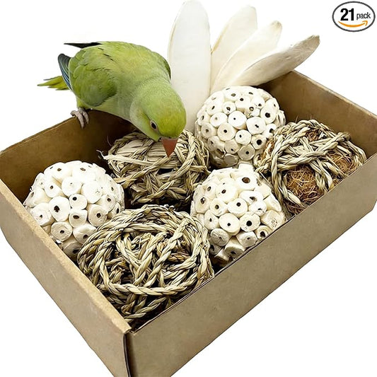 10PCS Bird Toys Sola Balls 2.36IN Parakeet Toys 2.76IN Natural Chew Grass Balls with Cuttlebone for Parrots Conures Rabbits Hamster Guinea Pig Chinchilla (Style 1)
