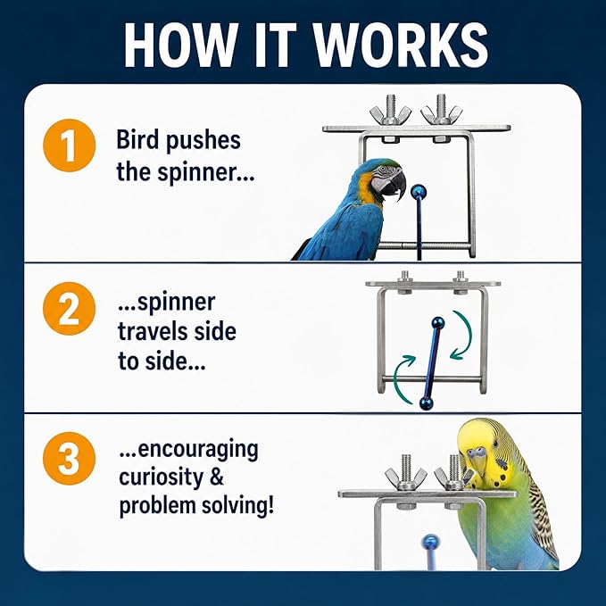 Bird Toys for Large Birds (Blue Spinner) Stainless Steel Bird Toy with Traveling Spinner | Macaw Toys | Durable Puzzle Enrichment Toy for Medium to Large Birds Cockatoos Parrot | Bird Cage Accessories