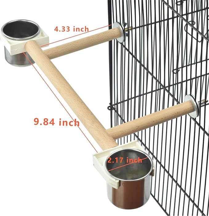 Bird Feeder & Water Dish Set, Beech Wood Made Cage Top Bird Feeder Perch with Stainless Steel Cups, Playground Accessories for Parrots Cockatiels Finches