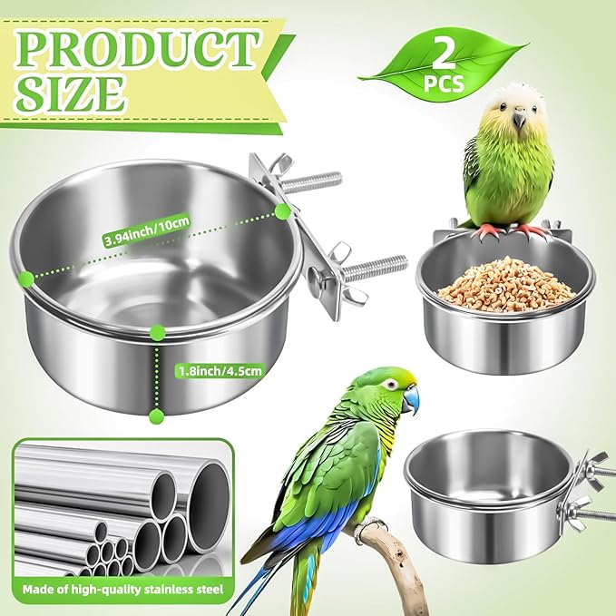 2 Pack Bird Feeding Bowls Cups Parrot Food Water Dishes, Stainless Steel Bird Bowl Cup Dish with Clamp, Birdcage Feeder Pet Cage Bowls for Parrot Cockatiel Budgie Conure Parakeet Small Animal
