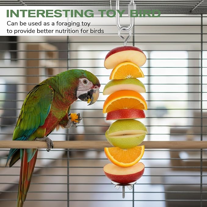 2 Pcs Bird Cage Food Holders, Stainless Steel Bird Feeder for Cage Parrot Foods Fruit Vegetable Stick Holder with Hook for Parakeets, Budgies, Macaws (2 Sizes)