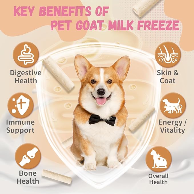 Freeze Dried Goat Milk & Chicken Dog Treats, 70% Goat Milk Yogurt Sticks for Dogs & Cats, High Protein Grain-Free Snack & Food Topper for Sensitive Stomachs, Immune Support with Vitamin E 2.8oz