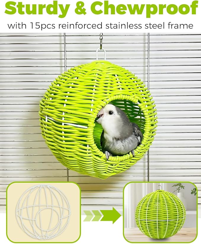 Chewproof Steel Frame Bird Nest for Cage, Washable Small Bird Bed Hammock Hideout Lay Eggs Parakeet Nest Sleep, Parakeet Warm Bed House Hut for Lovebird, Canary, Budgie, Finch (Green)