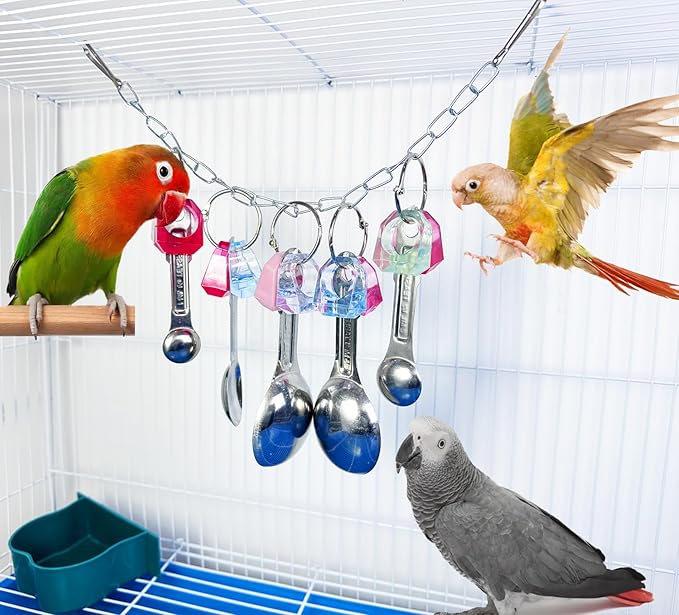 Bird Chew Toys, Shiny Stainless Steel Spoon and Colorful Acrylic Rings Cage Toys, for Medium Large Macaws Parakeets Cockatoos Amazon Conures Budgie Lovebirds Finches African Grey Parrot