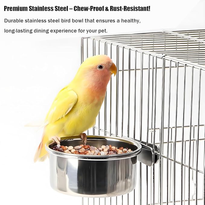 Parrot Feeding Cups Stainless Steel Bird Cage Feeder & Water Bowl - Chew-Proof Food Bowls with Clamp Holder for Parrot, Cockatiel, Conure, Budgie, Macaw, and Small Animals (L-1Pc)