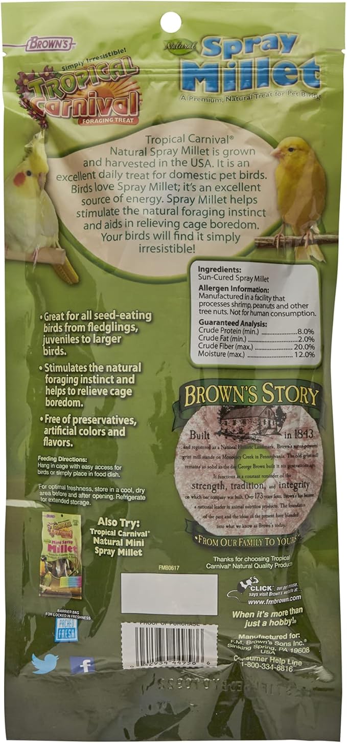 F.M. Brown's Tropical Carnival, Natural Spray Millet, Daily Natural Foraging Treat for Seed-Eating Birds, Sun-Cured and Preservative Free, 4 oz Bag (7 Pack)