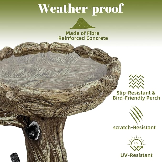 SKYFIRE Bird Baths for Outdoor - 23" Tall Pedestal Birdbath with Bird, Fibre Reinforced Concrete with Woodland Tree Trunk Décor, Modern and Durable,Bird Bath for Outside, Garden, Patio, Lawn, Backyard