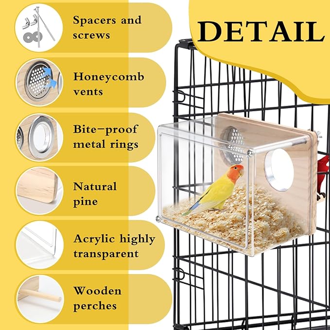 Parakeet Nesting Box for Cage, High-Transparent PET Parakeet Nest, Versatile Bird Houses for Canary, Lovebird and Parrot, Bird Boxes for Nesting with Wood Perch, Bird Cage Accessories (L, Rectangle)