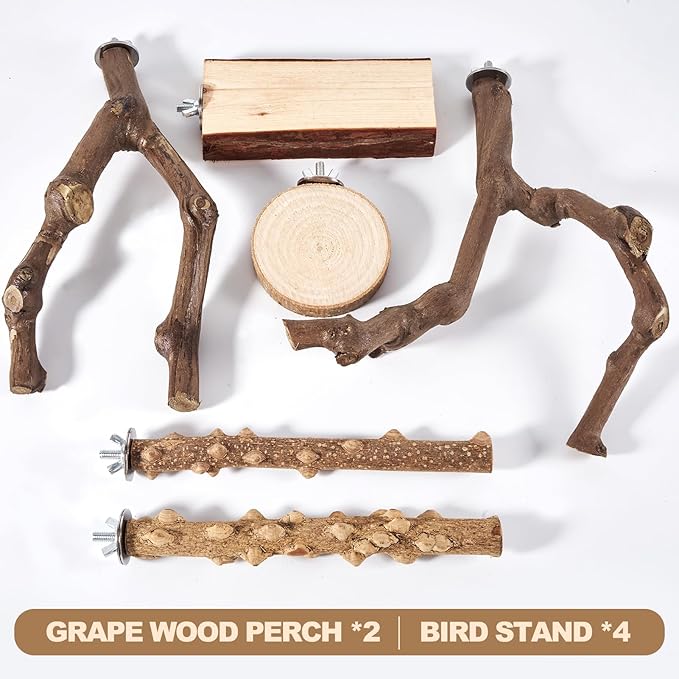 LIMIO 6-Piece Bird Perch Set - Natural Wood Grape Sticks, Paw Grinding Forks, Bird Stand & Toys for Parakeets, Cockatiels, Conure, Budgies