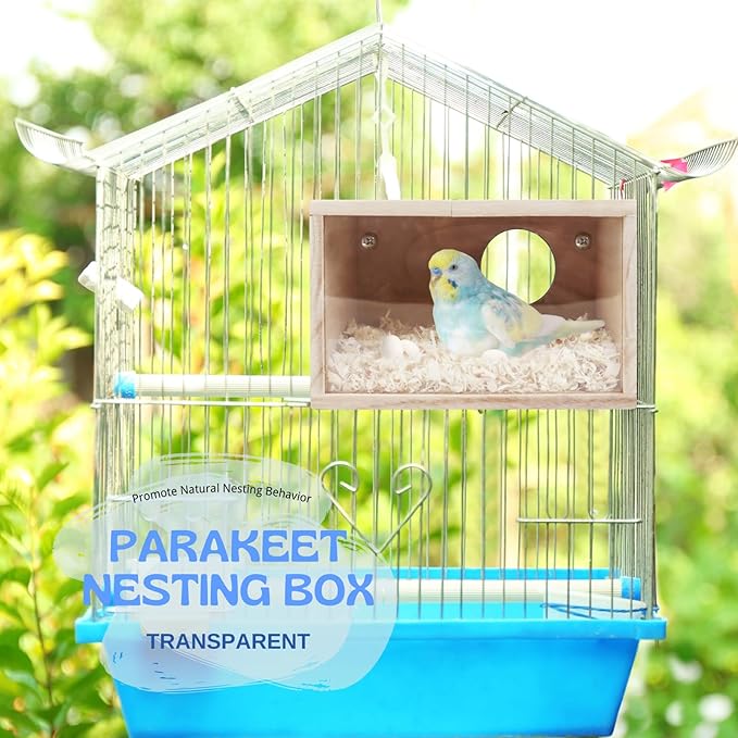 Parakeet Nesting Box - Visual Wooden Bird Nest Breeding Box - Bird Cage House with Perch for Lovebirds Cockatiel Budgie Finch Parrot